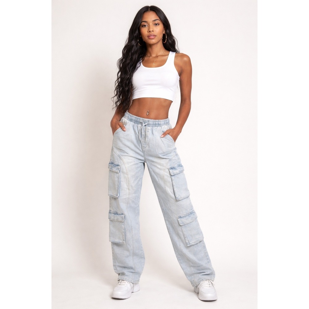 American Bazi Light Wash Wide Leg Cargo Pants Blue Womens Size L NWT